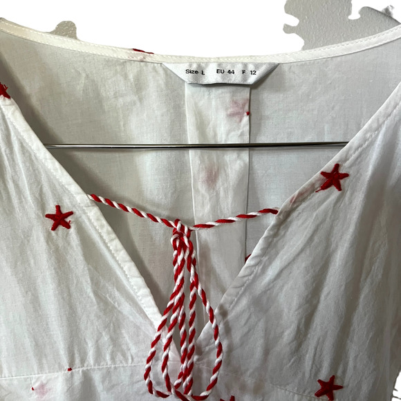 Unbranded Blouse Tunic Balloon Sleeve White Red Star Print Tassel Tie Boho L - Picture 4 of 6